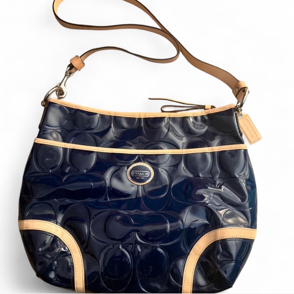 Coach Blue and Tan Shoulder Bag with Signature Monogram